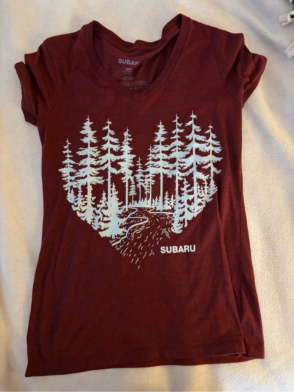 Maroon V-Neck Graphic Tee with Forest Heart